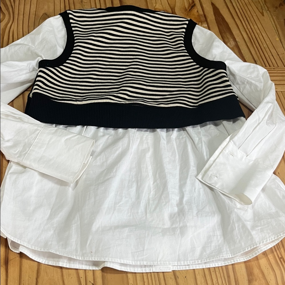 Anthropologie Maeve Long-Sleeve Linen Twofer Sweater Vest Top - Picture 8 of 9